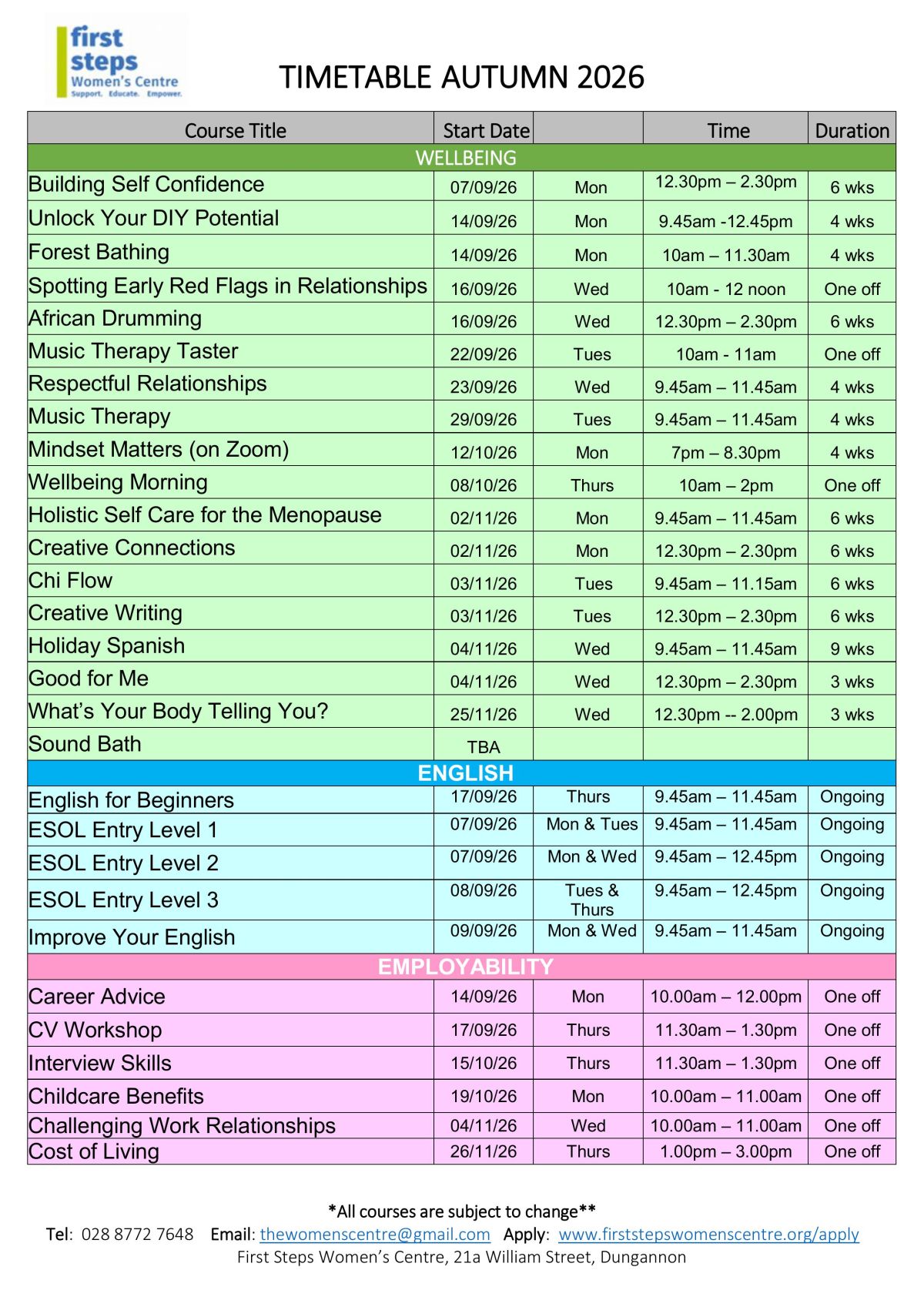 Autumn Timetable 2026 LARGER PRINT