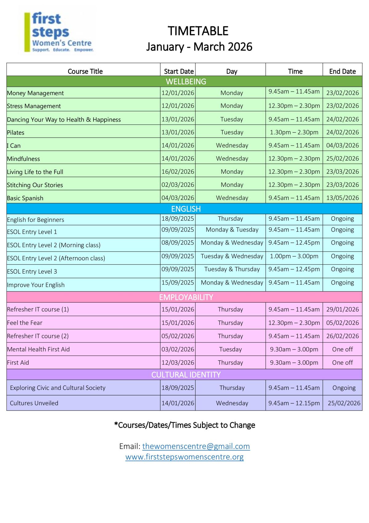 Winter Timetable 2026